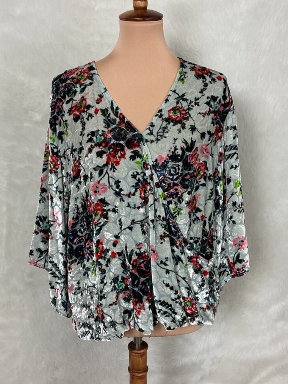 Maeve Umi Blue Floral Velvet Boho Faux Wrap Blouse L
